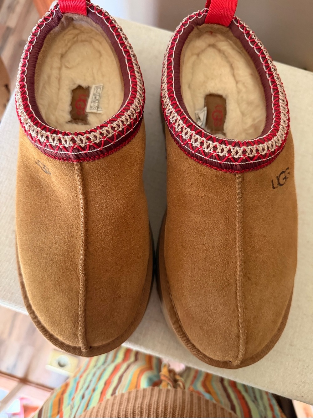 UGG Womens Taz Chestnut Suede Slip-On Clogs with Red Accent - Picture 2 of 6